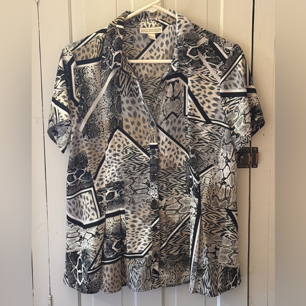 DANA BUCHMAN Short Sleeve Patchwork Animal Print-Pleats Front Button Down